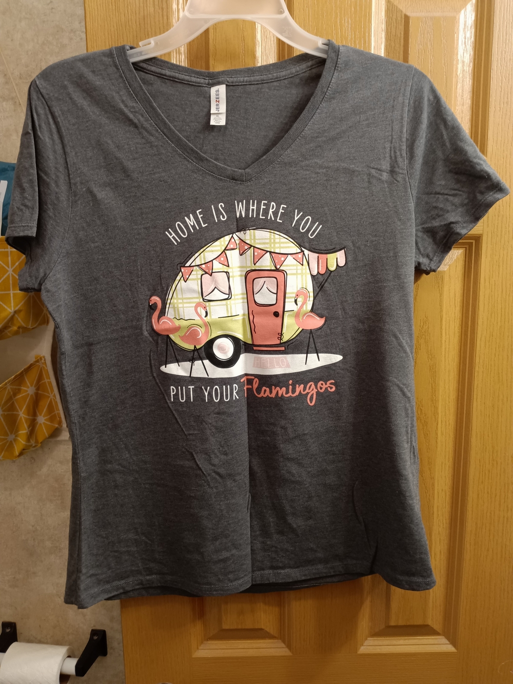 Jerzees Charcoal V-Neck Tee with Pink Flamingo Camper Graphic